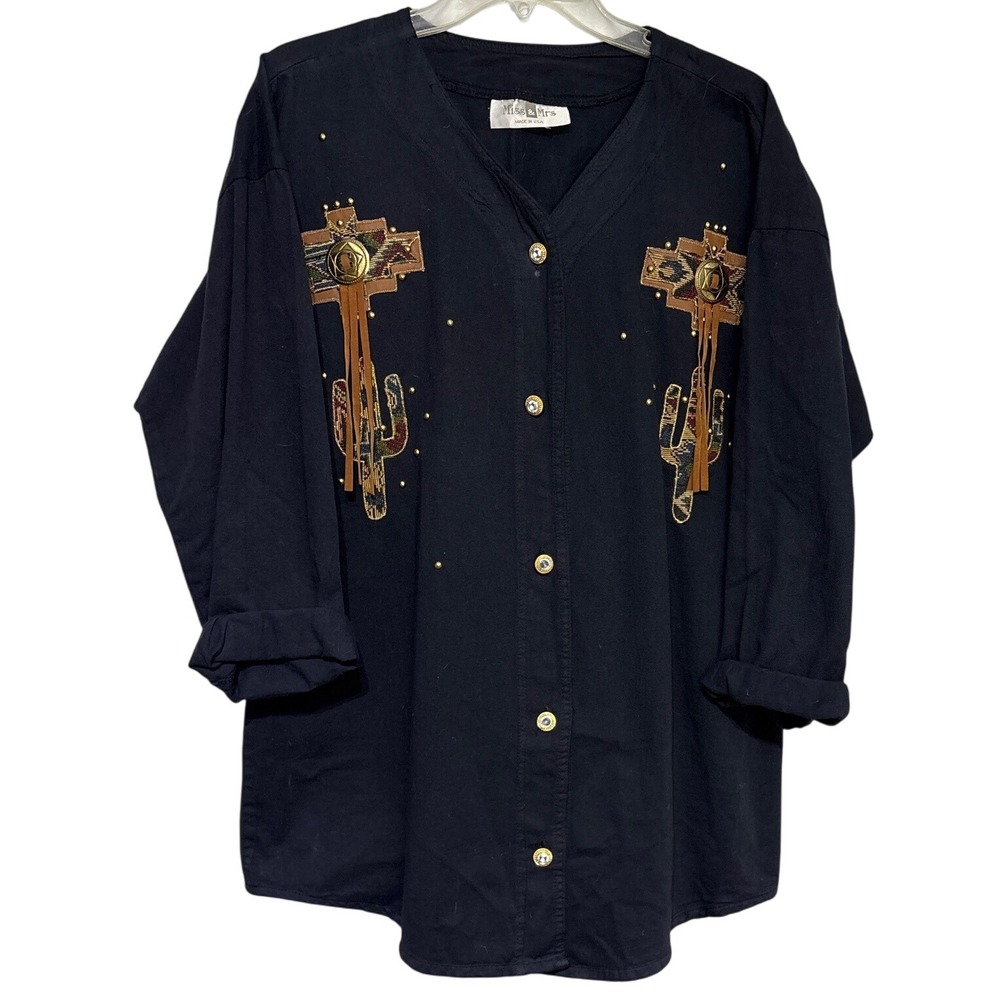 Miss & Mrs‎ Western Vintage Cactus Cross Rhinestone Button Down Shirt Blouse XL